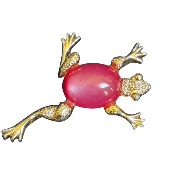 Gold-Tone Frog Brooch With Pink Stone Belly & Textured Finish - Picture 1 of 11